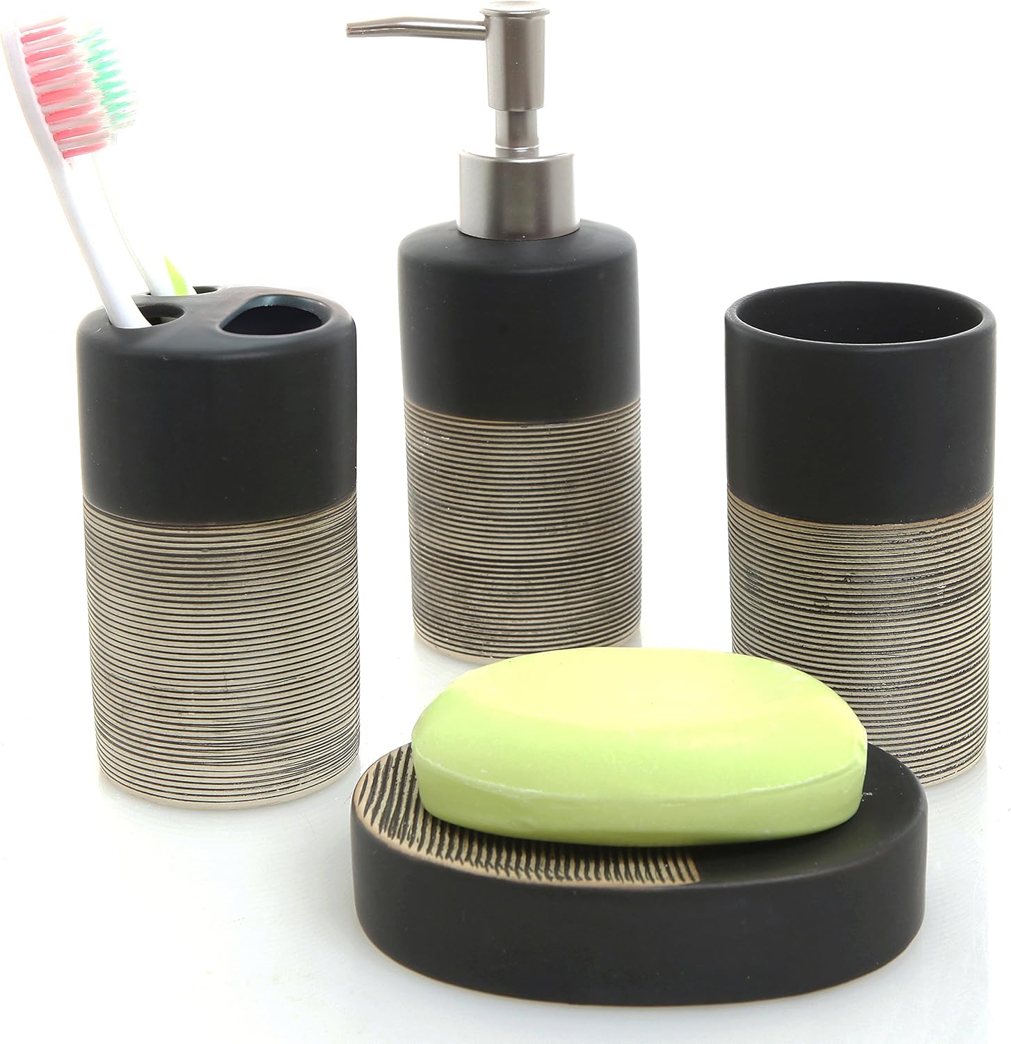 MyGift Deluxe 4 Piece Black & Beige Ceramic Bathroom Set w/Soap Dispenser, Toothbrush Holder, Tumbler & Soap Dish: Home & Kitchen