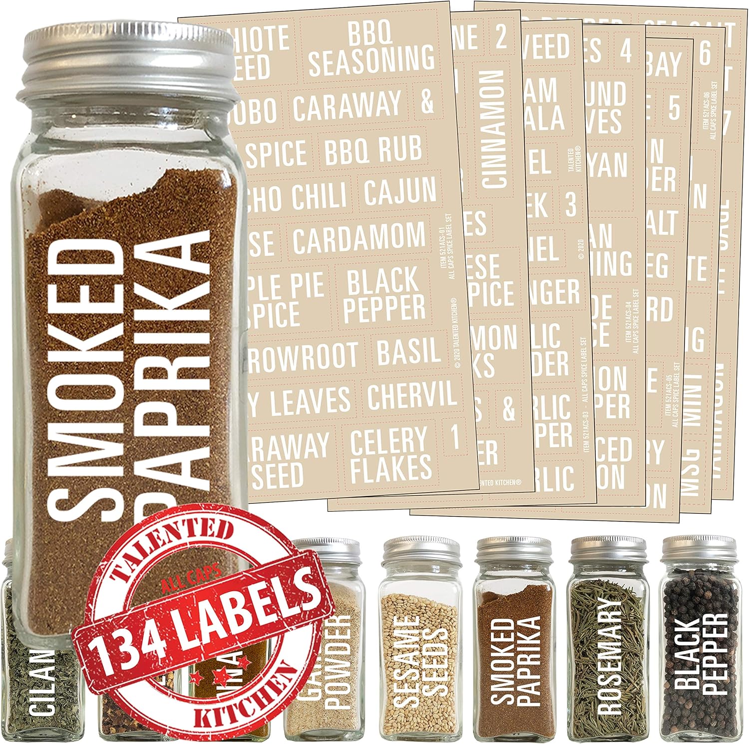 Talented Kitchen 134 White All Caps Spice Label Set: 134 Spice Names + Numbers. White Letters on Clear Sticker. Water Resistant for Spice Jars Organization Storage (Set of 134– All Caps White Spices): Kitchen & Dining