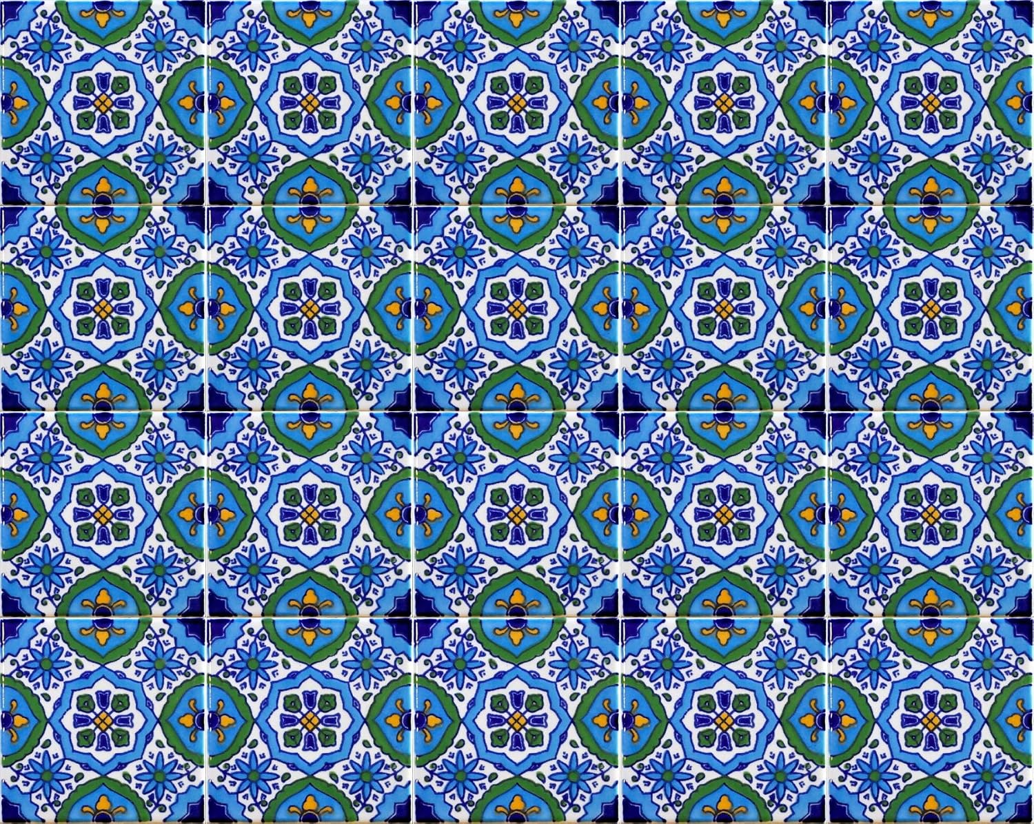 20 Mattonelle Ceramiche 10x10 Cm Stile Tunisino - Smaltate, Serigrafia Artigianale, Colore Blu Petrolio