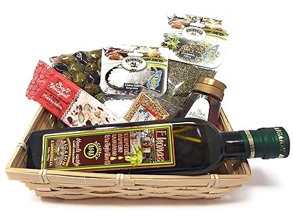 Geschenkkorb'Theologos' 7 teilig Olivenöl Honig Oliven Gewürze Honig-Sesam-Riegel