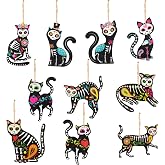 WATINC 31pcs Day of the Dead Cat Skeleton Wood Hanging Ornament, Sugar Skull Scratch Skeleton Halloween Decorations Mexican Fiesta Festival Party Wooden Gift Tags Decor, Crafts Favor for Home Tree