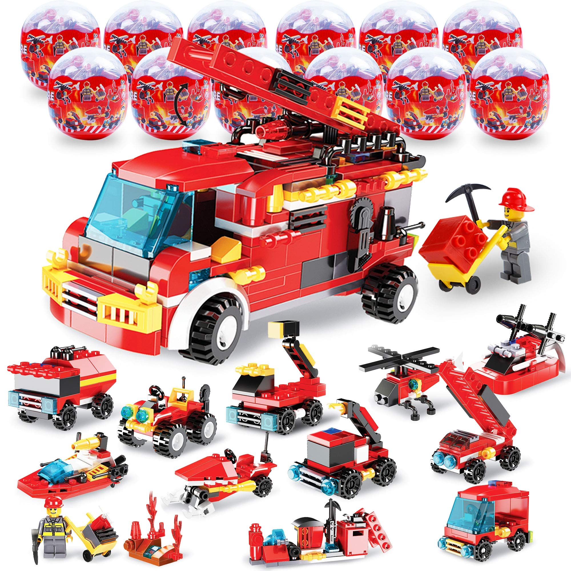 Lulu Home Easter Eggs with Toy, 12 in 1 Fire Rescue Vehicles with Building Blocks, Easter Srefilled Easter Basket Stuffers, Easter Party Favors for Kids Over 6