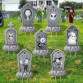 Arosche Halloween Decorations Outdoor Nightmare Plastic Yard Signs 7pcs | Signs with Stakes Jack and Sally Themed RIP Tombstones Graveyard Trick or Treat Halloween Decor for Lawn, Yard, Garden, Party