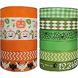DUOQU 24 Yards 3/8" 12 Styles (12x2yd) Halloween Grosgrain Ribbon Plaid Ribbon Snow Yarn Printed Halloween Element Pattern Green and Orange Series