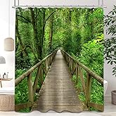 Pdvbiee Nature Forest Wooden Bridge Shower Curtain 3D Rain Forest Scenic Landscape Shower Curtains for Bathroom Decor, Waterproof Cloth Fabric with Hooks 70 X 72 Inch