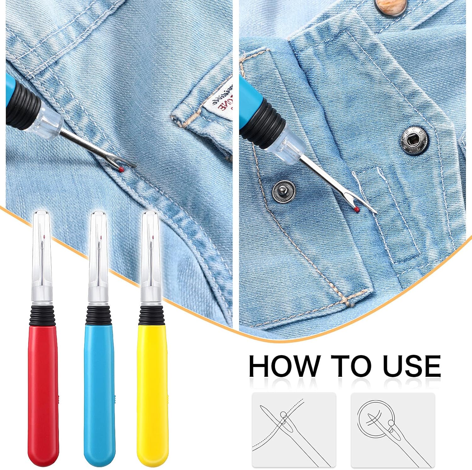3 Pieces Seam Ripper Tools with Light, Handy Stitch Removal Tool Sewing Thread Remover Cutter Stitch Opener LED Light Seam Ripper Sewing Tools for Sewing Crafting Removing Threads, 3 Colors