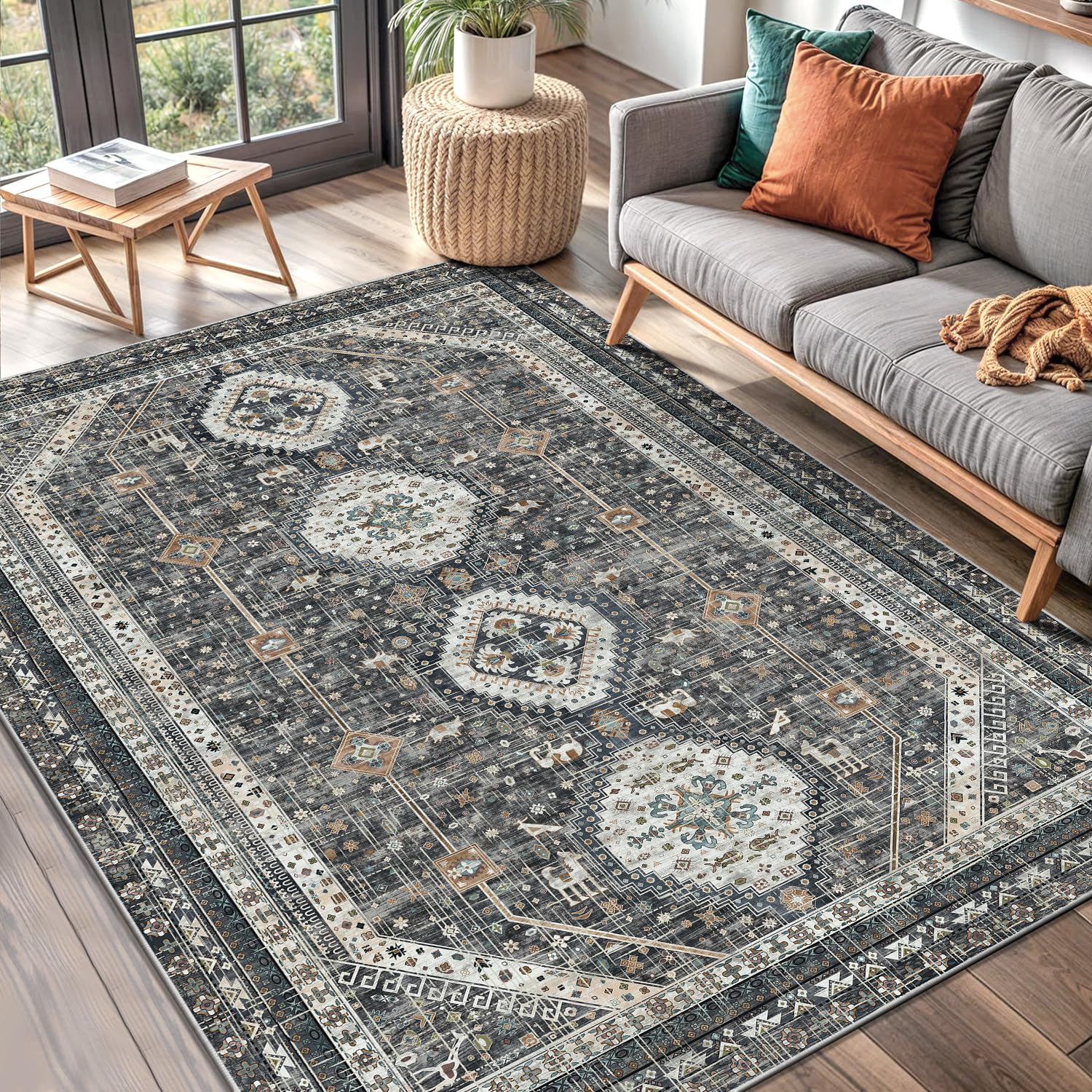 LOKHOM 5x7 Area Rugs for Living Room, Non-Slip Washable Vintage Area Rug, Low Pile Soft Faux Wool Large Floor Carpet Accent Rug for Bedroom Kitchen Entryway Dining Room Nursery,Vintage Grey