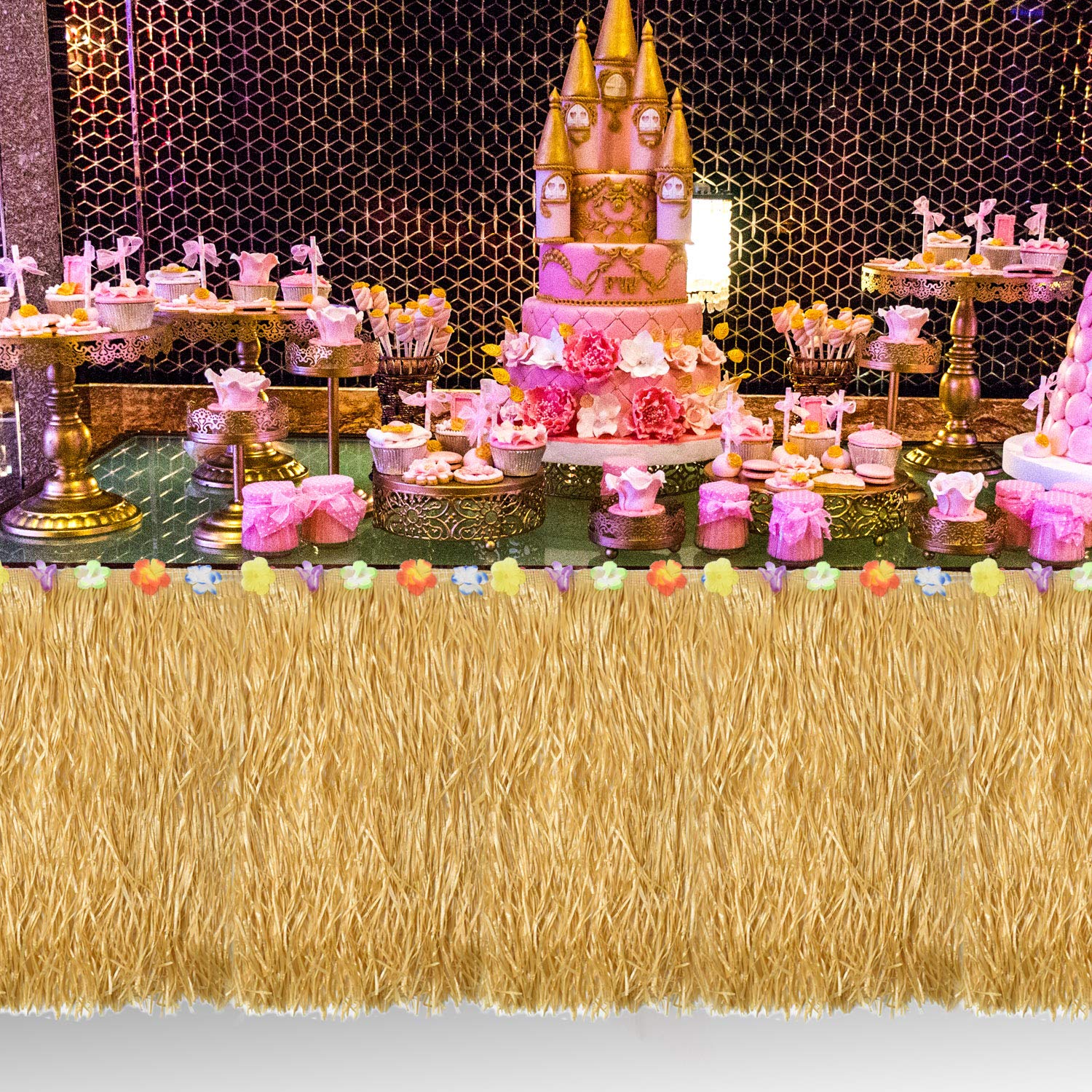 Alcoon Hawaiian Luau Table Skirt 9 Feet Hibiscus Grass Table Skirt 26 Faux Silk Flowers Tropical Island, Luau, Garden Beach Summer, Wedding, Birthday, Party Tableware Decorations