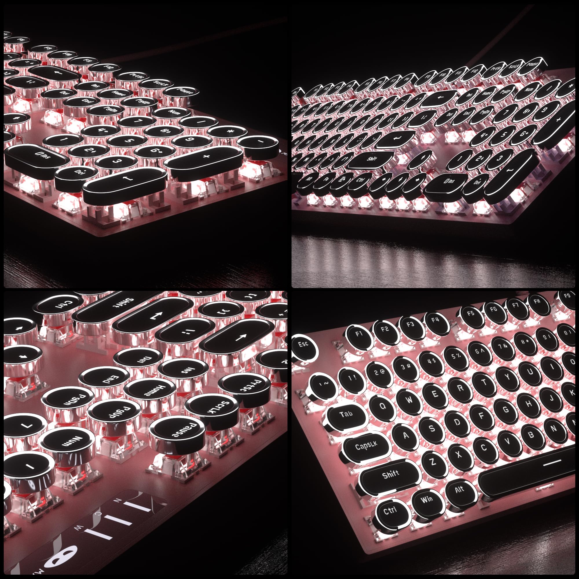 Retro Pink Typewriter-Style Keyboard and Mouse Combo, Cute Light Up Wired Mechanical Keyboard with Linear Red Switches, Full Size for Gaming, Work, Mac, PC, Windows
