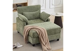WUTUTUEE 57.5" Oversized Chaise Lounge with Ottoman Indoor, Oversized Reading Chair with Ottoman & Sofa Bed, Green Chenille Upholstered Comfy Sleeper Chair for Living Room, Bedroom, Office