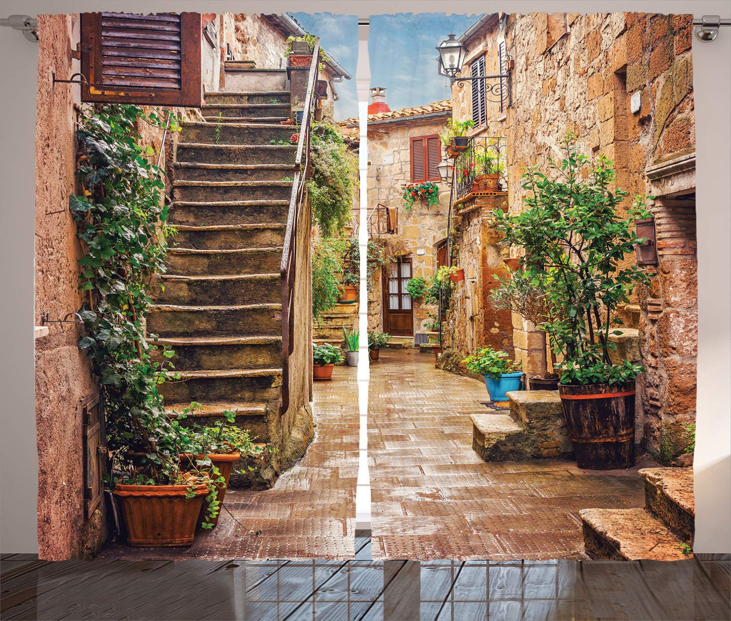 ABAKUHAUS Italian Curtains, View of Old Mediterranean Street with Stone Rock Houses in Italian City Rural Print, Living Room Bedroom Window Drapes 2 Panel Set, 96 L X 110 W, Multicolor