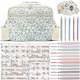 WOBAGMEN Bible Cover Case for Women,Large Quilted Bible Bag with Study Supplies,Stylish Church Bag Bible Journaling Kit,Mothers Day Christian Gifts for Women (Blue Small Floral, M)