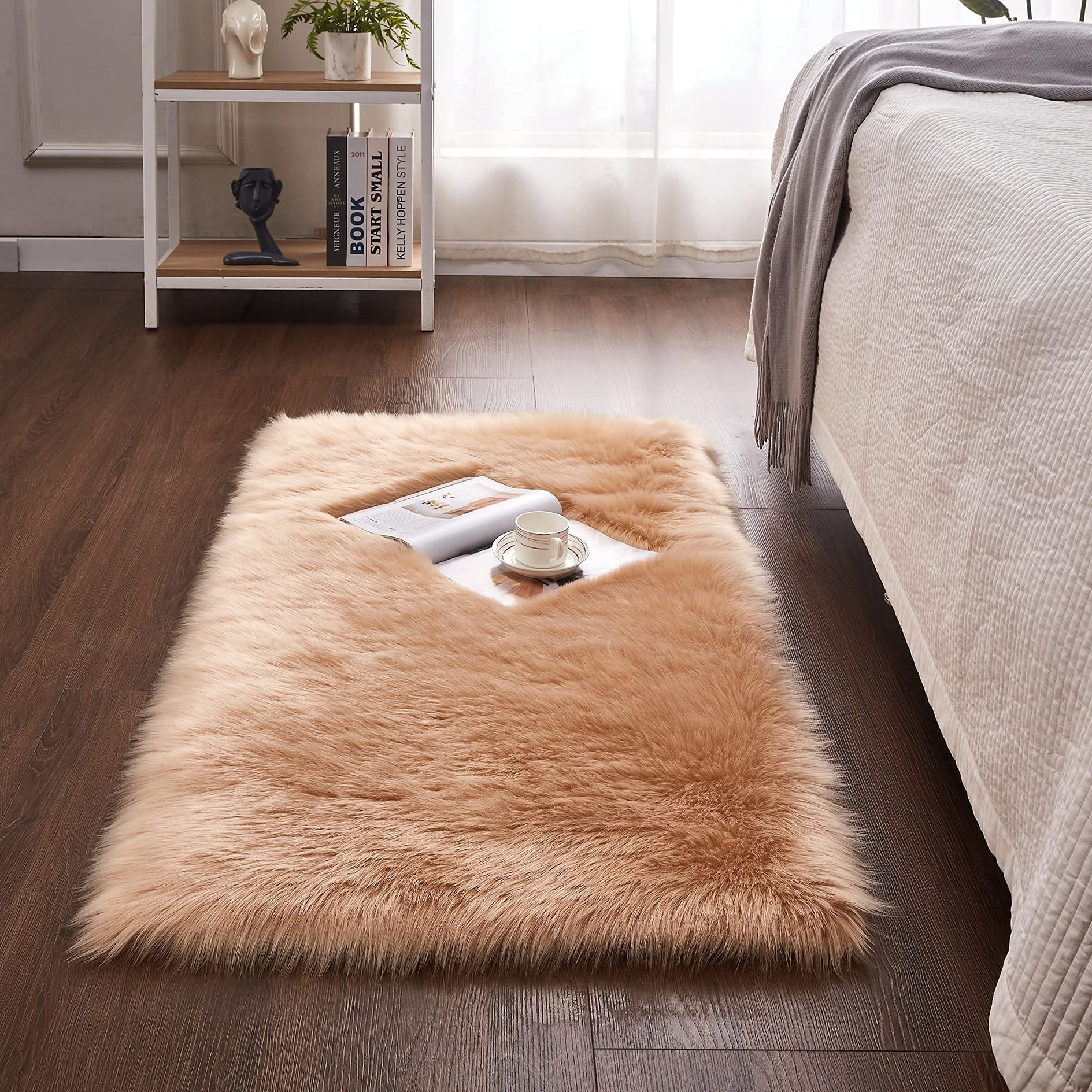 Cumay Super Soft Fluffy Faux Sheepskin Rug, Shaggy Silky Plush Carpet For Bedrooms Rugs Living Room Kids Rooms Decor Bedside Rugs (27.5 x 53.1 inch, Brown)