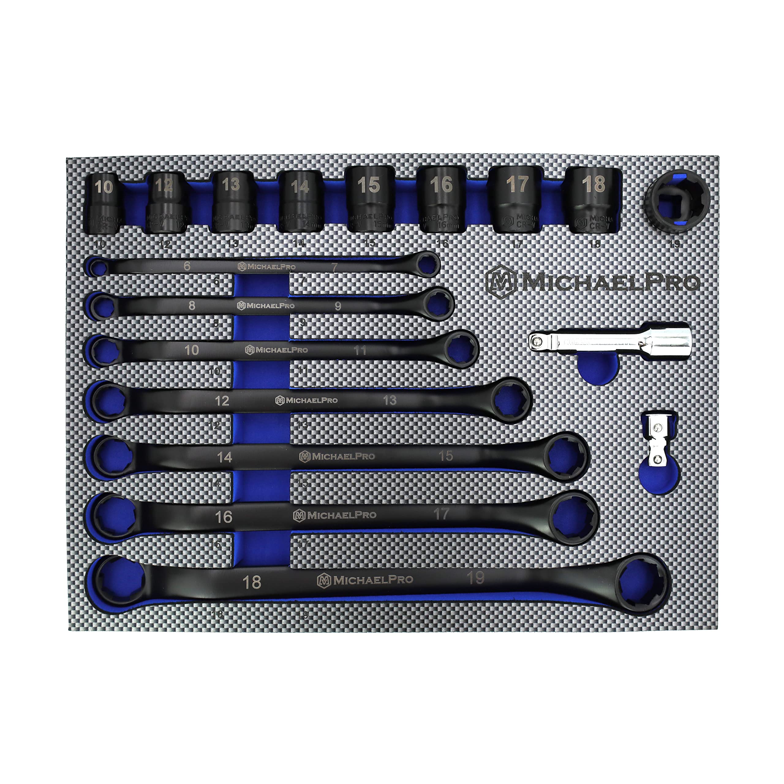 MichaelPro MP001218 18-Piece Double Ring Spanner Set, Black Oxide Bolt Extractor Offset Spanner and Socket Set, Swan Neck Spanner Set, Offset Spanner, Ring Spanners, Metric — image 1
