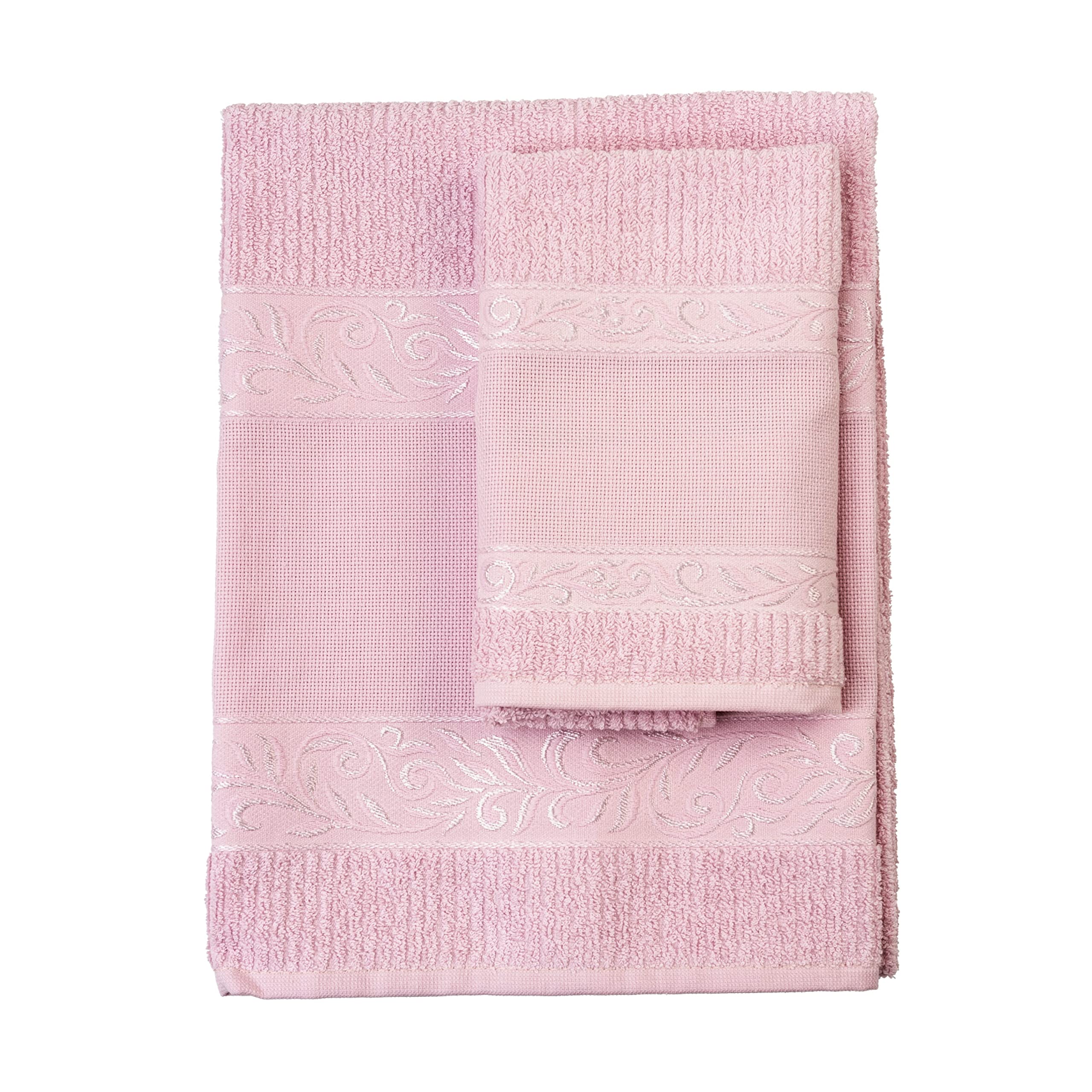 FILET - Guest Towel Set with Aida Insert to Embroider, Made of 100% Cotton Terry Towelling, Soft and Absorbent, Skin-Friendly, 100% Made in Italy, Solid Colour, Pink
