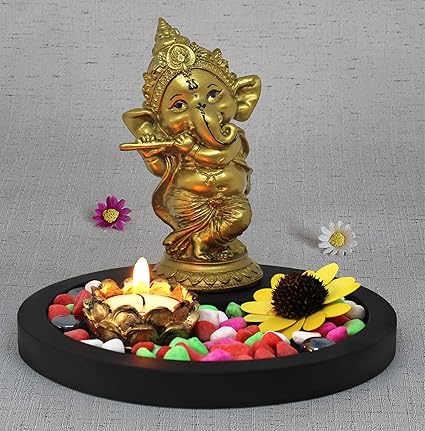 TIED RIBBONS Ganesha Statue Playing Bansuri with with Wooden Flower Tealight Candle Colorful Stones and Wooden Base - Ganesh Idols for Home Decor - Statue Decoration Items for Living Room