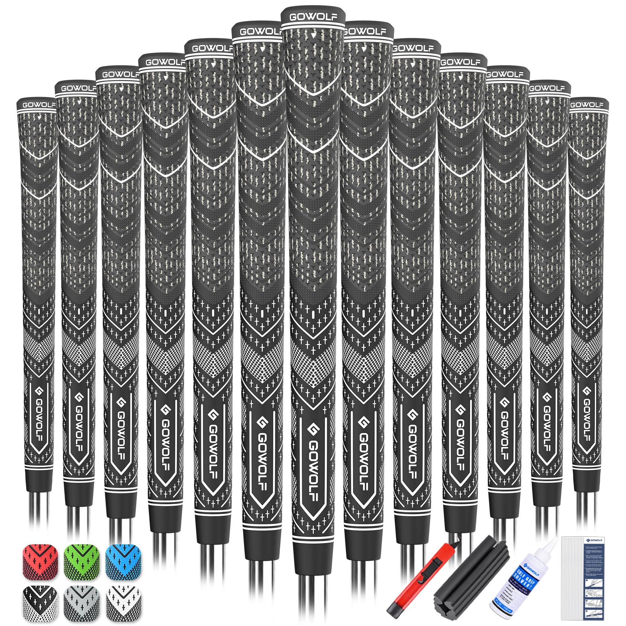 Photo 1 of Gowolf Golf Grip Cord Rubber Multi-compound Golf Driver Irons Club Choose 13 Grips with 15pcs Tapes Or Full Kit choose one (Black+white ?13 grips with kit?, Midsize)