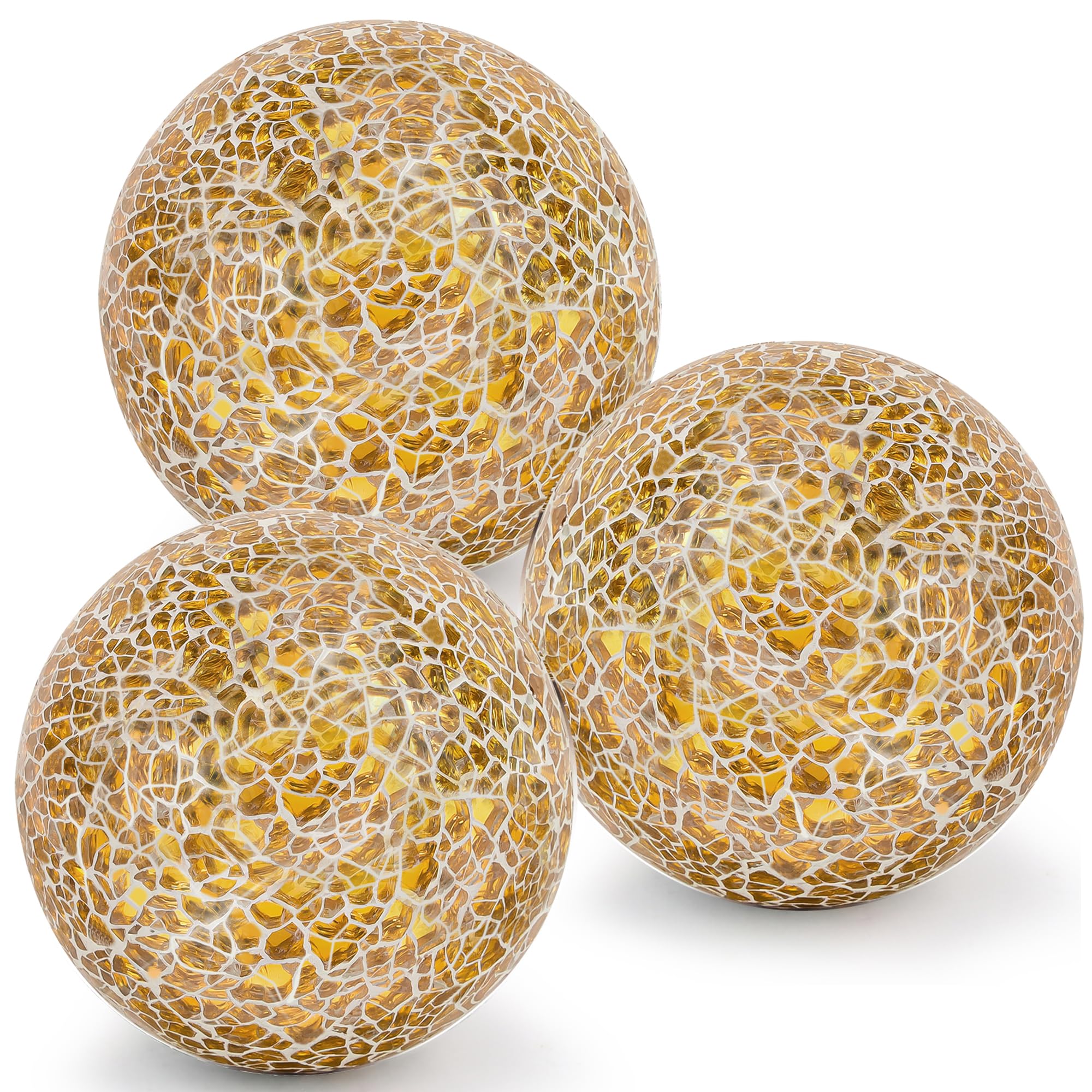 Kepfire 3Pcs Gold Decorative Balls for Bowl,8cm Mosaic Glass Balls for Bowls Vase Fillers, Crack Orbs Balls for Home Table Decor Thanksgiving,Christmas Festival Decoration
