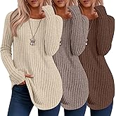 Riyiper 3 Pack Women's Long Sleeve Sweaters with Thumb Hole, Tunic Tops Ribbed Curved Hem Side Split Crew Neck Loose Shirts
