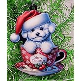 Bichon Frise Dog Santa Pup in Merry Christmas Tea Cup Ornament