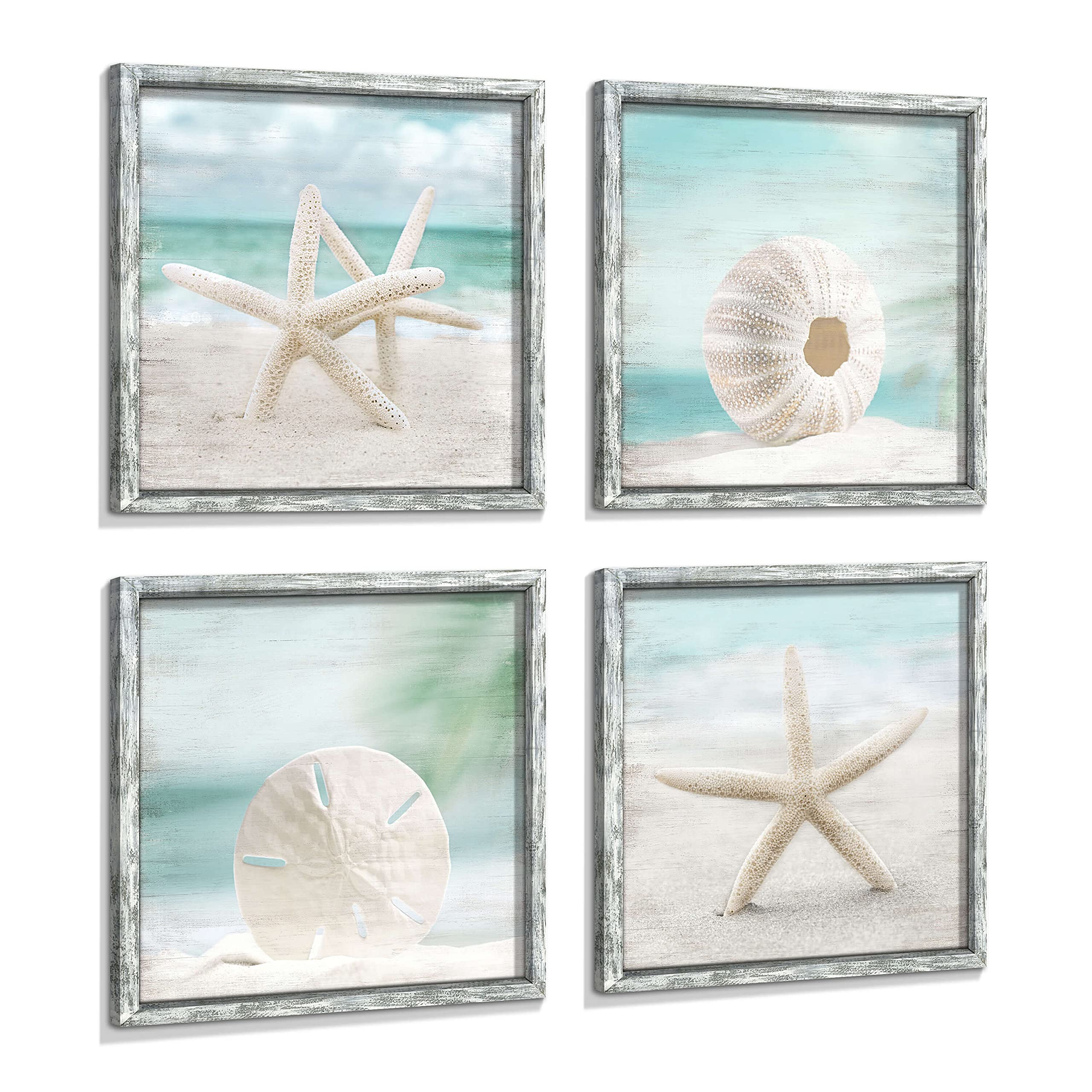 Beach Framed Wooden Wall Art: Ocean Artwork Set of 4 Starfish Seashell ...