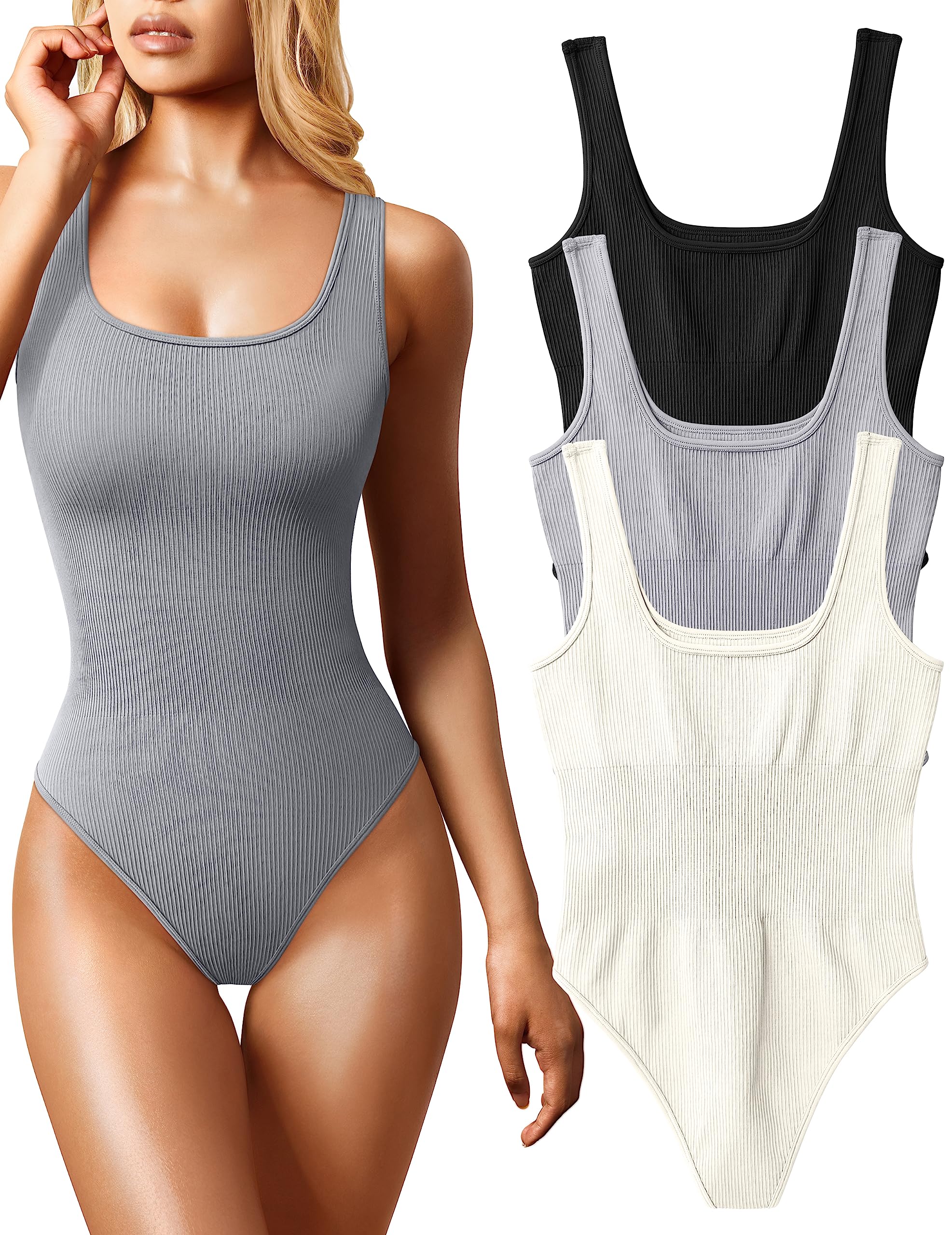 Photo 1 of OQQ Women's 3 Piece Bodysuits Sexy Ribbed Sleeveless Square Neck Tank Tops Leotard 2025 Trendy Outfits Black Grey Beige