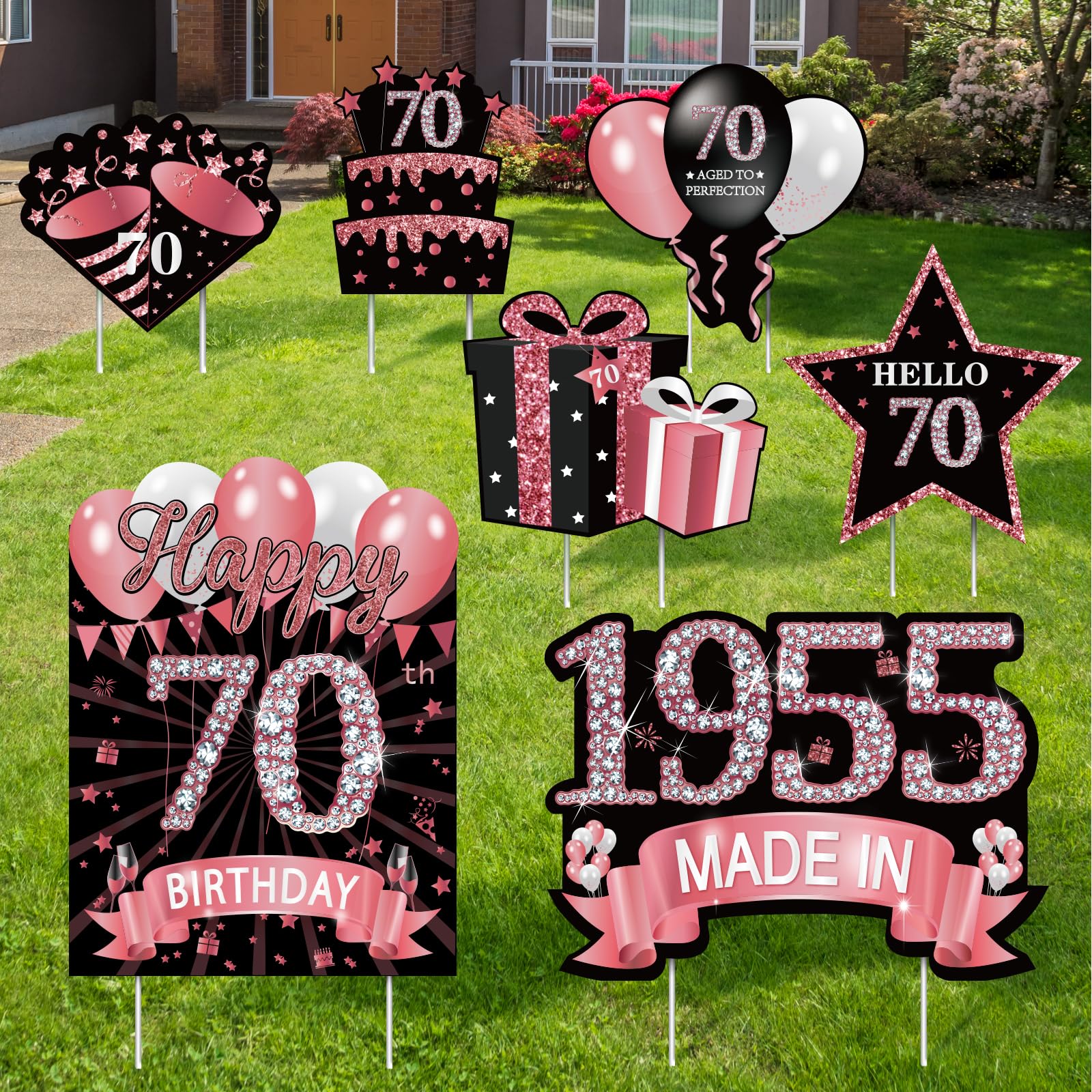 Photo 1 of 7Pcs Rose Gold 70th Birthday Yard Sign Decorations for Women,Happy 70th Birthday Made in 1955 Lawn Sign Party Supplies,Seventy Year Old Birthday Outdoor Yard Decor with Stakes