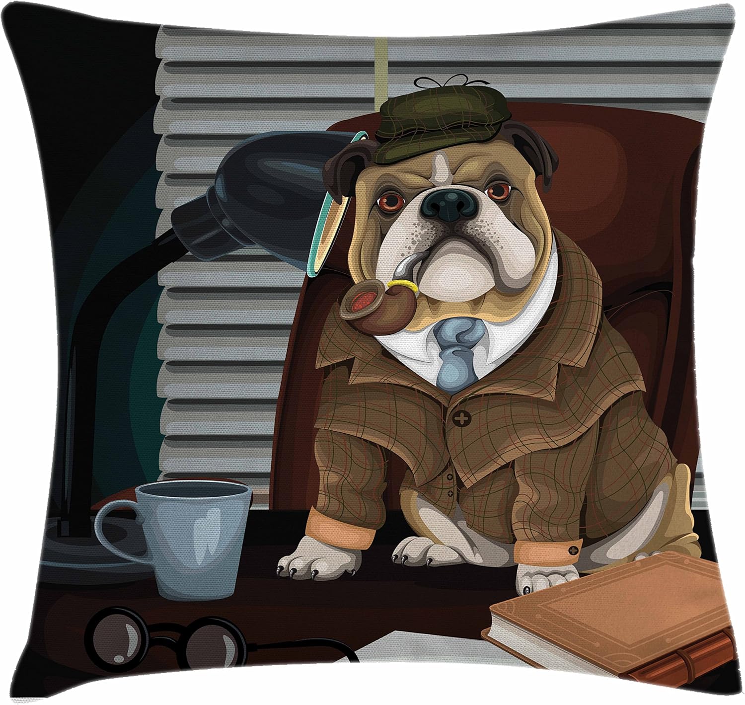 Ambesonne English Bulldog Throw Pillow Cushion Cover, Traditional English Detective Dog with a Pipe and Hat Sherlock Holmes Image, Decorative Square Accent Pillow Case, 20" X 20", Multicolor