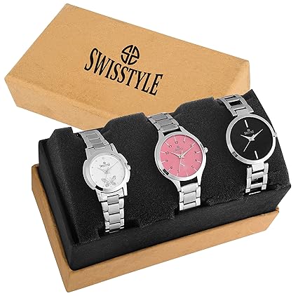 Swisstyle Analogue White Black Pink Dial Women's Combo Of 3 Watch - Ss-3Cmb-01
