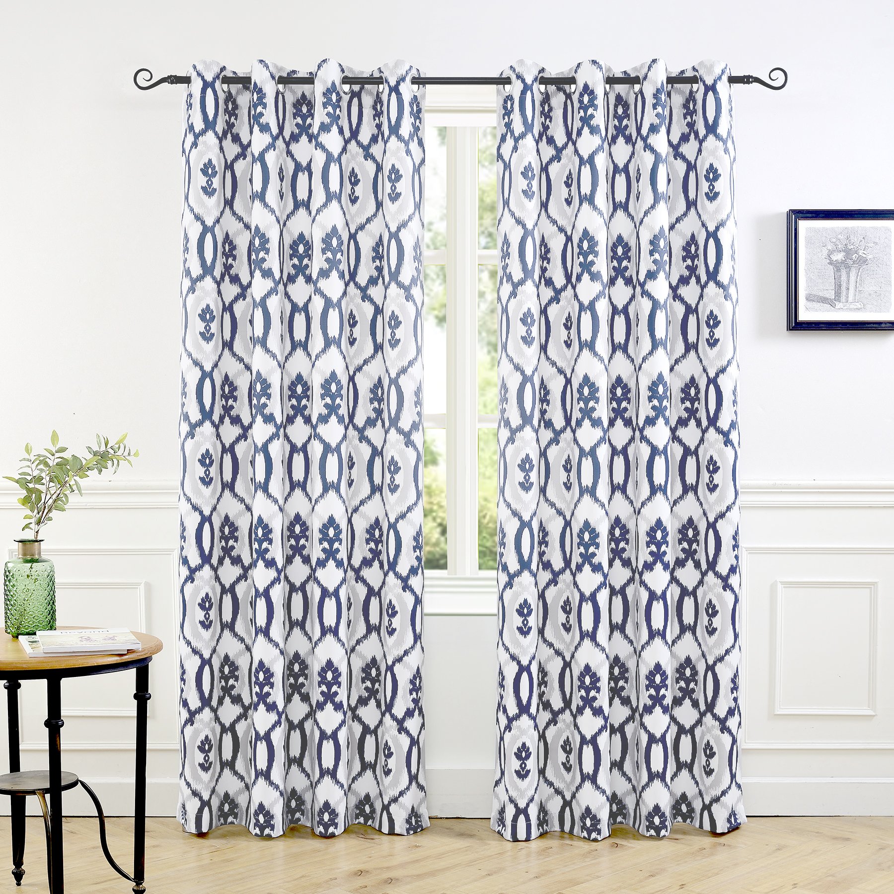 DriftAway Evelyn Thermal Room Darkening Grommet Unlined Window Curtains Ikat Floral Pattern Set of 2 Panels Each Size 52 Inches by 96 Inches Navy Blue