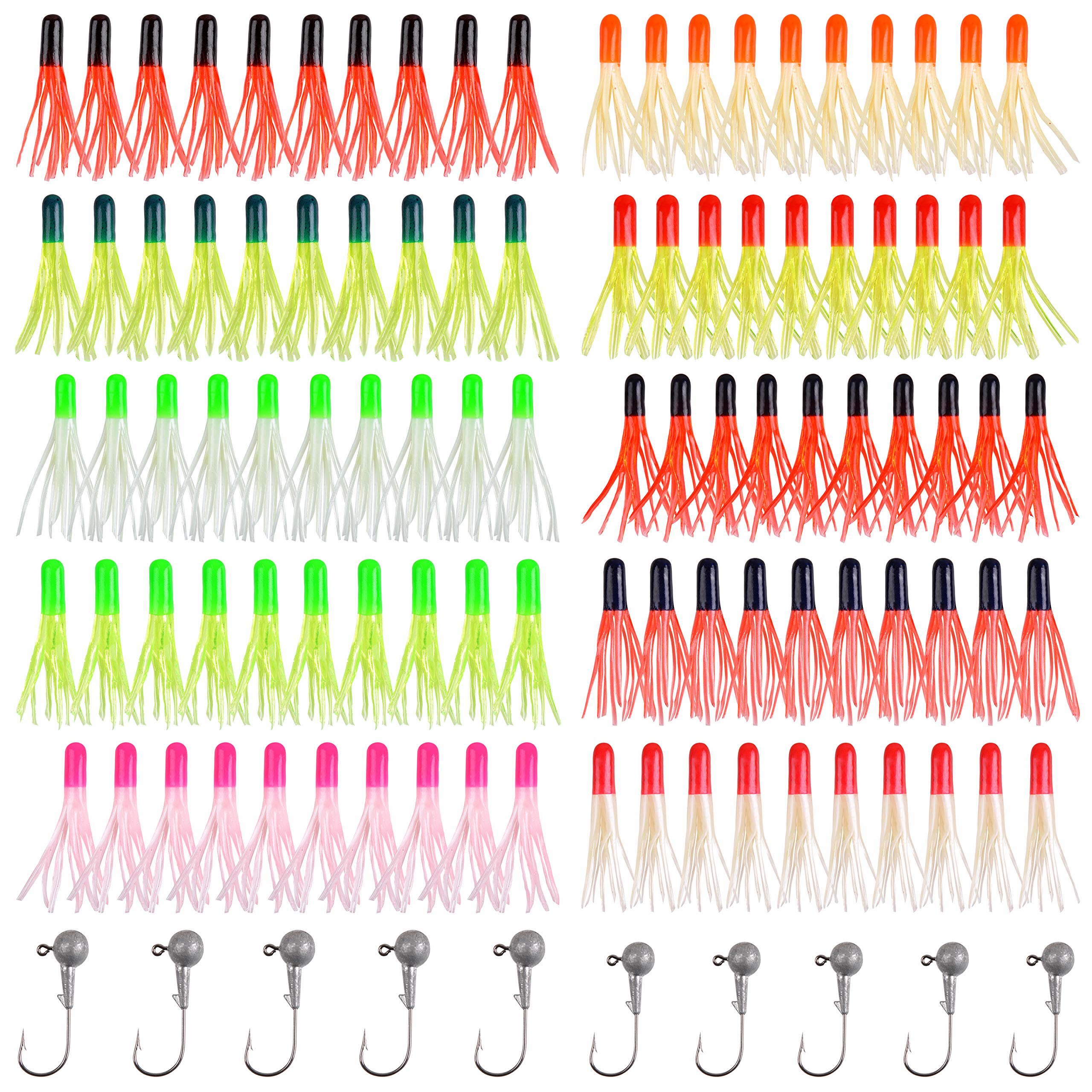 SILANON Grub Lures Fishing Jigs Head Hooks Kit- Soft Plastic Grub Tail Worm Lure Bait Crappie Jigs Buster Tubes Baits for Bass Trout Saltwater Freshwater Fishing 17-110pcs