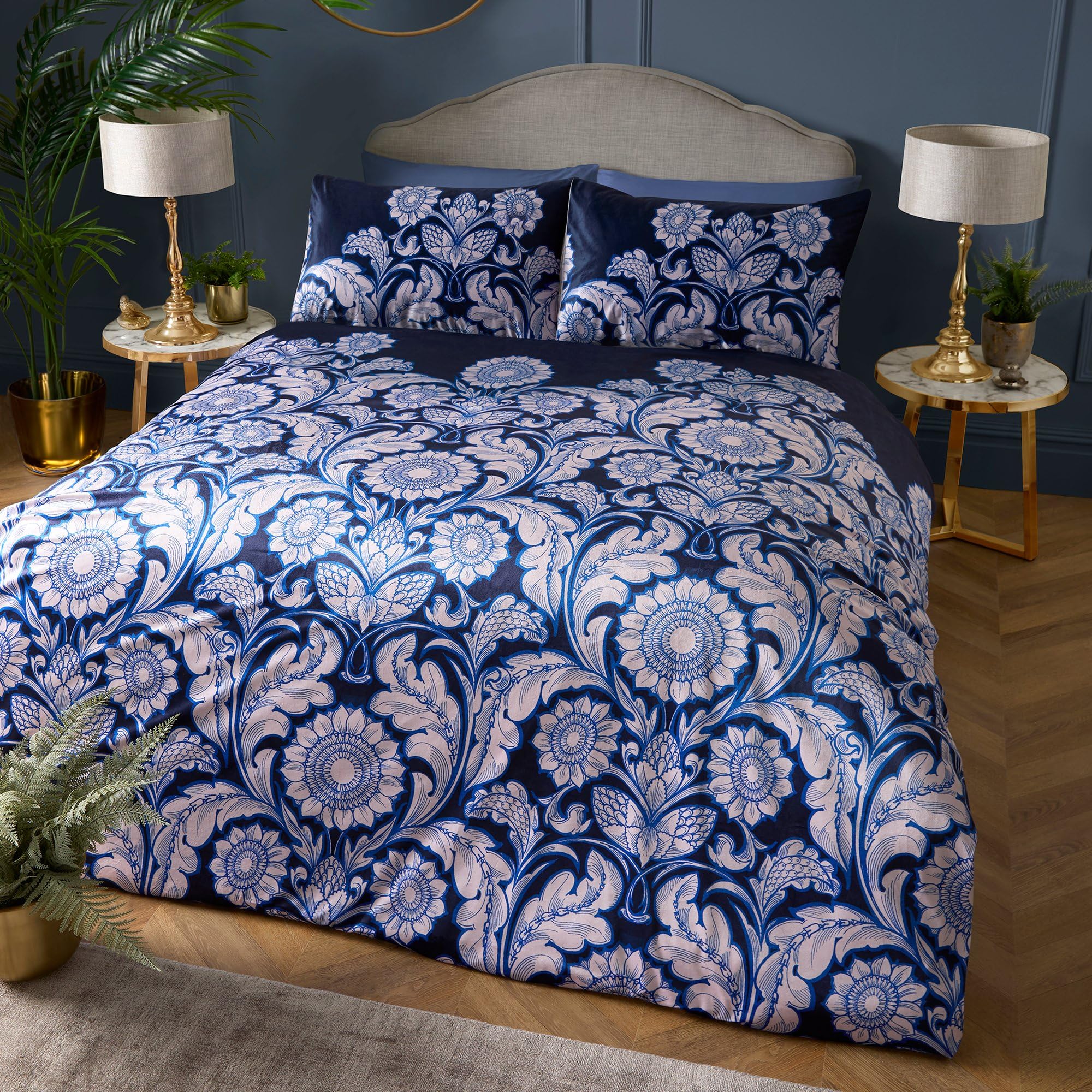 Laurence Llewelyn-Bowen - Blue Mandala Floral Duvet Cover - Super King Bedding Size (260 x 220cm) - Reversible Designs - Luxury Bed Set - Sunflower Duvet Cover - Romilly Collection