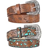 WERFORU 2 Pack Women Western Leather Belts for Jeans Western Belts with Big Buckle Country Belts for Cowgirls