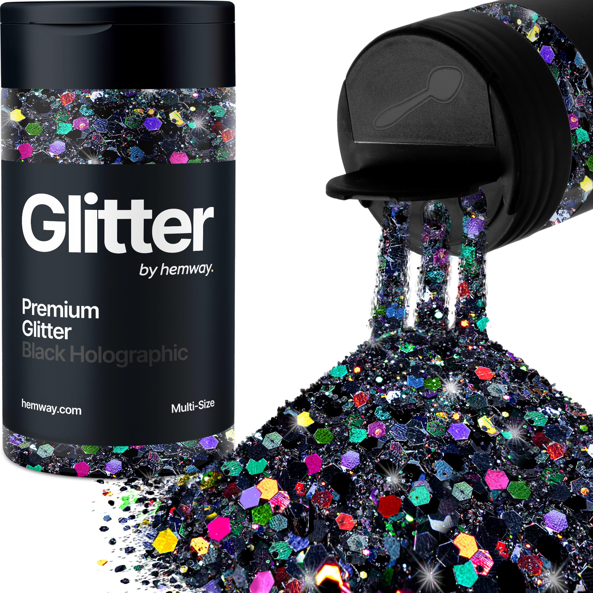 Hemway Black Holographic Glitter Shaker, 120g Multi Size Glitter for Crafts Metallic Flake Sequins for Resin & Epoxy Crafts for Decorating, Halloween, Christmas, Nail, Face, Bunting, Art, Pots