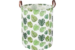 NTAOHAMPER Round Green Laundry Hamper,Jungle Themed Nursery Decor,Tropical Baby Basket,Monstera Room Decor,Waterproof Kids Toys Storage Bin,Safari Gift Basket(Leaf)