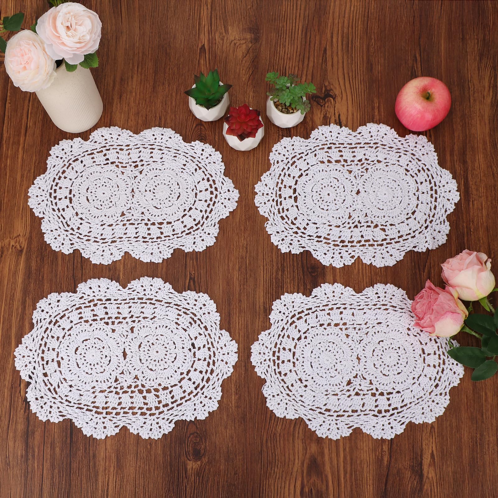 kilofly Crochet Cotton Lace Placemats Doilies 4pc, Oval, White, 9 x 13 inch