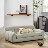 XOCN Dog Couch Bed with Backrest and Armrest, Durable Pet Sofa with Upholstered Foam Cushion, Elevated Dog Couch Bed with Legs for Medium Dogs, Dark Beige