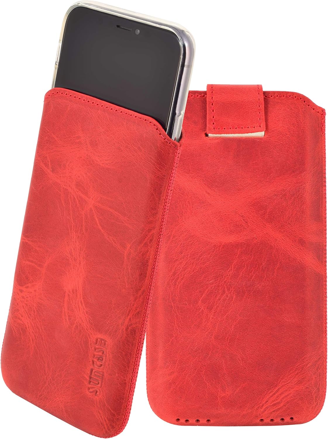 Suncase Mobile Phone Case Compatible with iPhone 11 Pro (5.8 Inches) with Additional Case / Shell / Bumper / Silicone *Pull Up Tab Feature * Mobile Phone Leather Protective Case in Antique Red