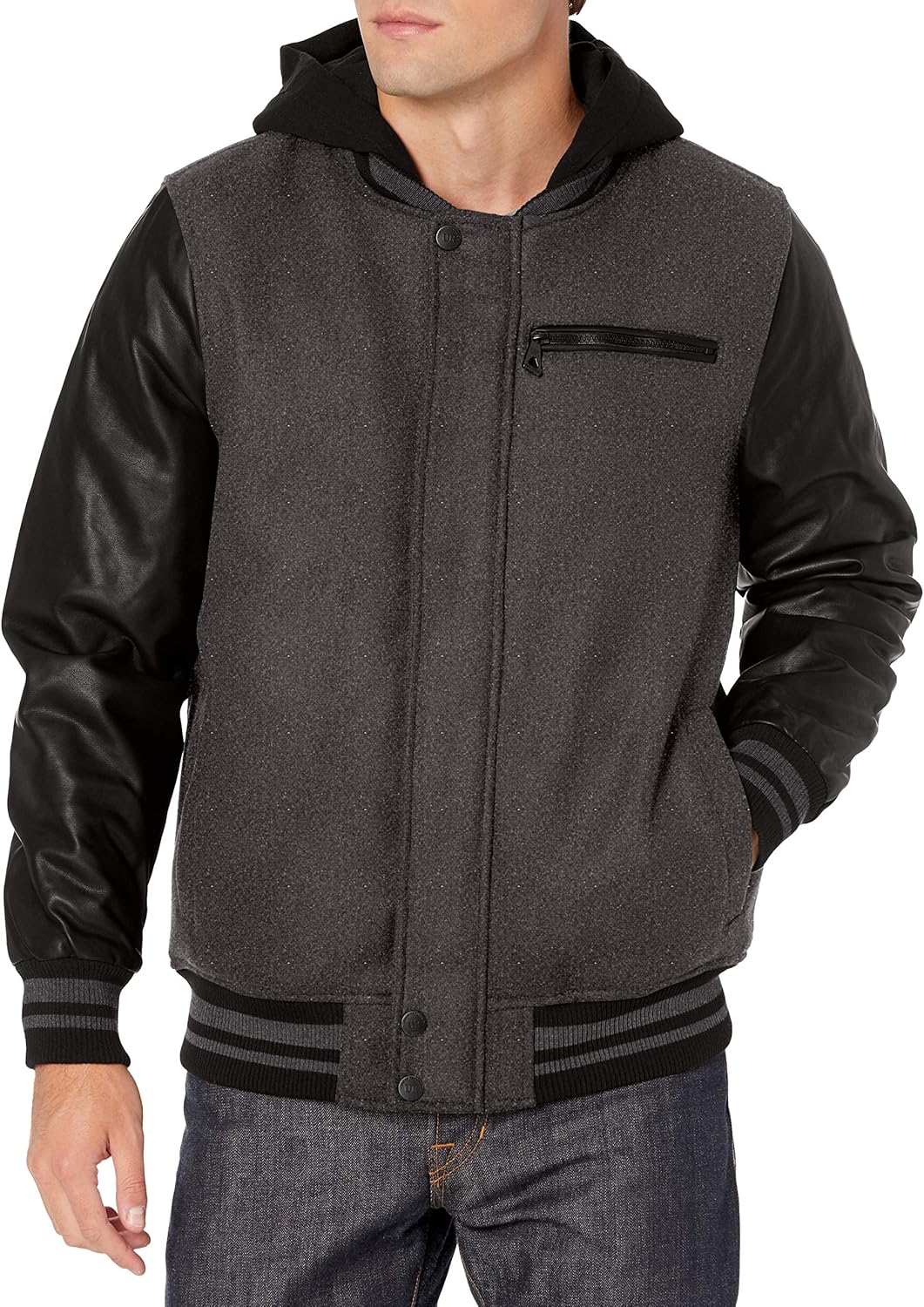 URBAN REPUBLIC Mens Wool Jacket W. Fleece Hood, Charcoal, XLarge at