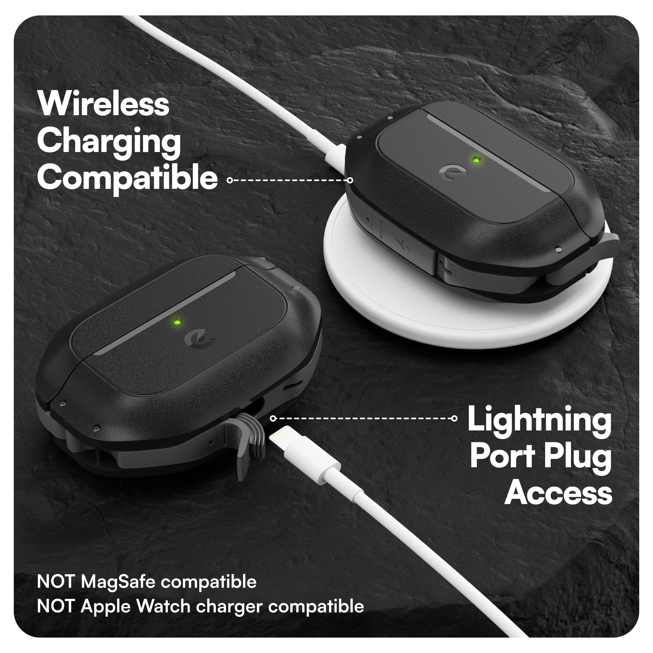 Keybudz for AirPods Pro Case with Lock - Fully Waterproof AirPods Pro 2nd Generation Case Cover - Keychain, Rugged Tough Protection, Hard Shell and Carabiner for USB-C/Lightning (Carbon Black)