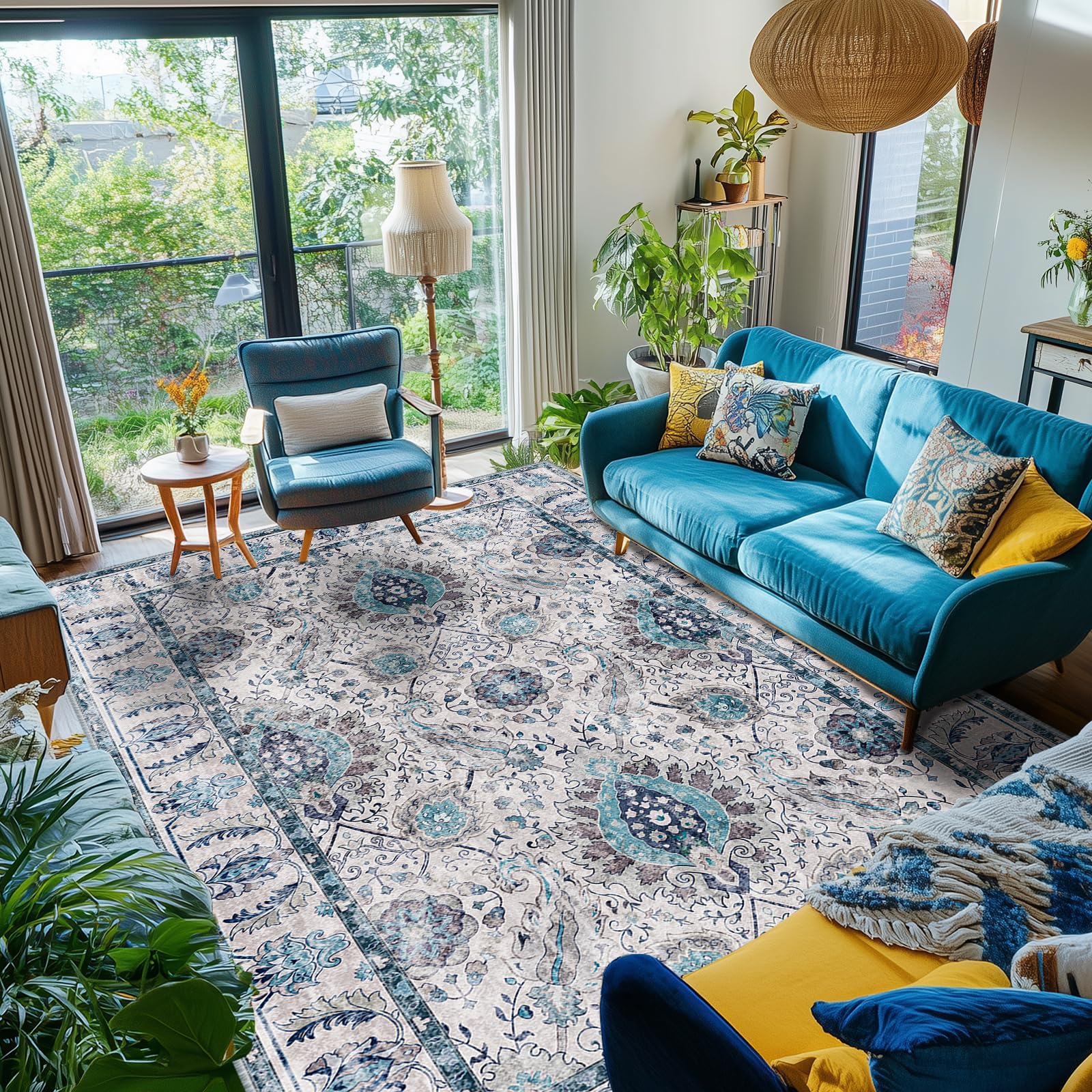 Photo 1 of ***(HEAVILY USED/ MINOR DAMAGE)***RELEANY Boho 6x9 Area Rugs Machine Washable Carpet Low Pile Non Shedding Doormat Soft Area Rugs for Living Room Bedroom Kitchen Dining Room Entryway Hallway Indoor-Turquoise