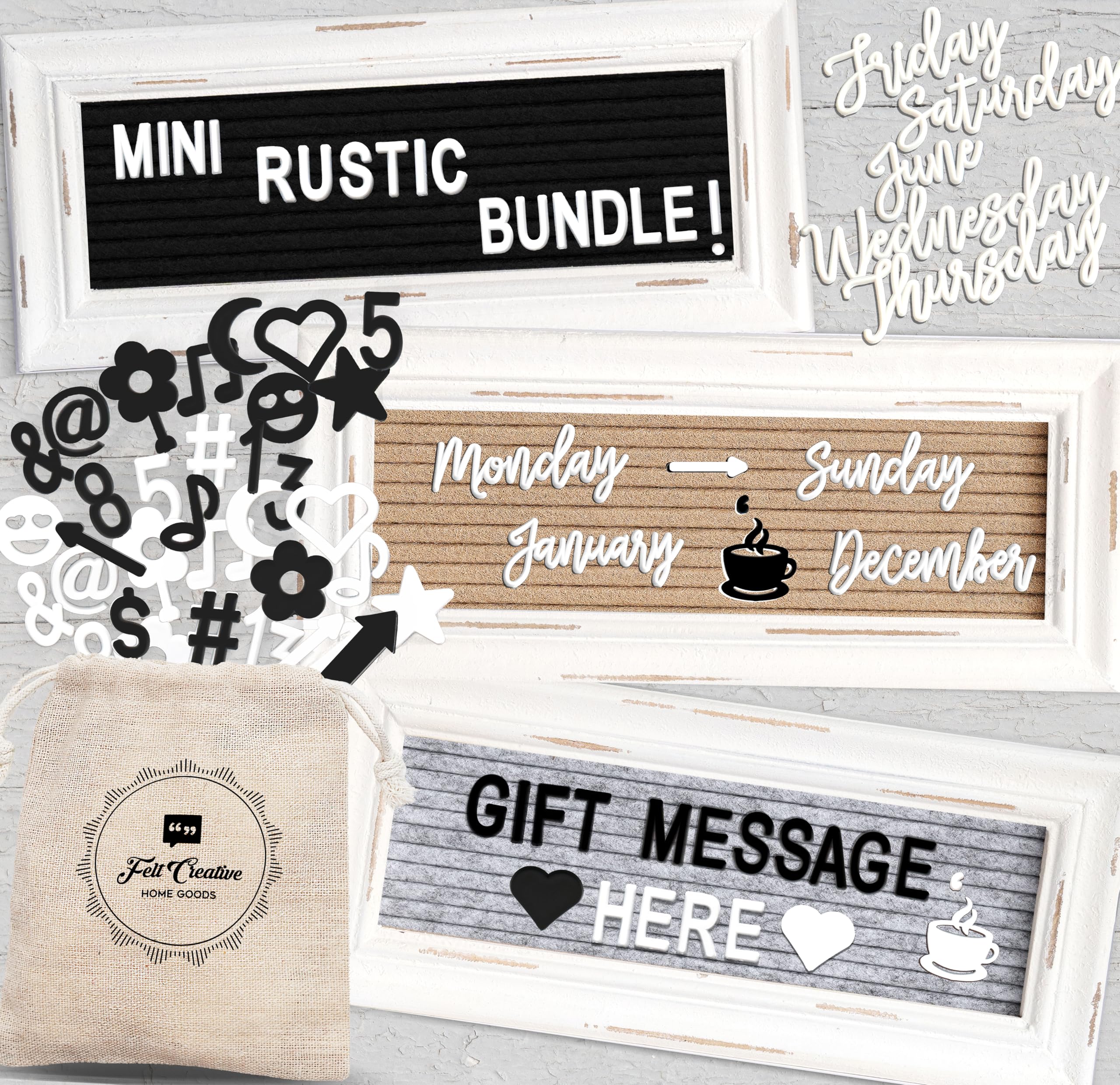 Mini Rustic Felt Letter Board Farmhouse Trio Changeable Message Boards by Felt Creative Home Goods Vintage White Frames 3 Pack Bundle Black and White Letter Set Cursive Months Days (4x10 Inches)