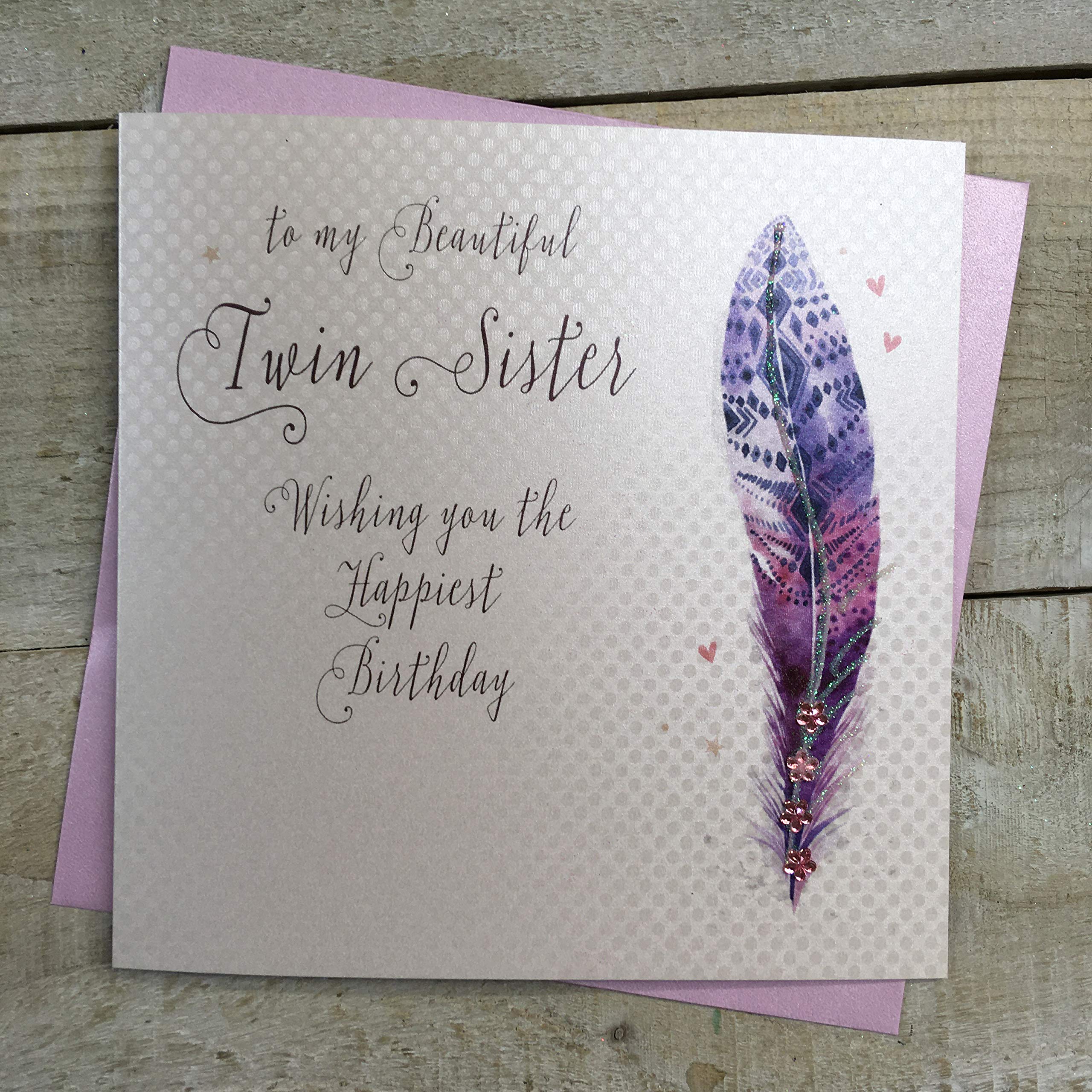 WHITE COTTON CARDS B216-TS Twin Sister Birthday Card - Handmade Card - Decorated Feather, grey|green|black, 16cm x 16cm
