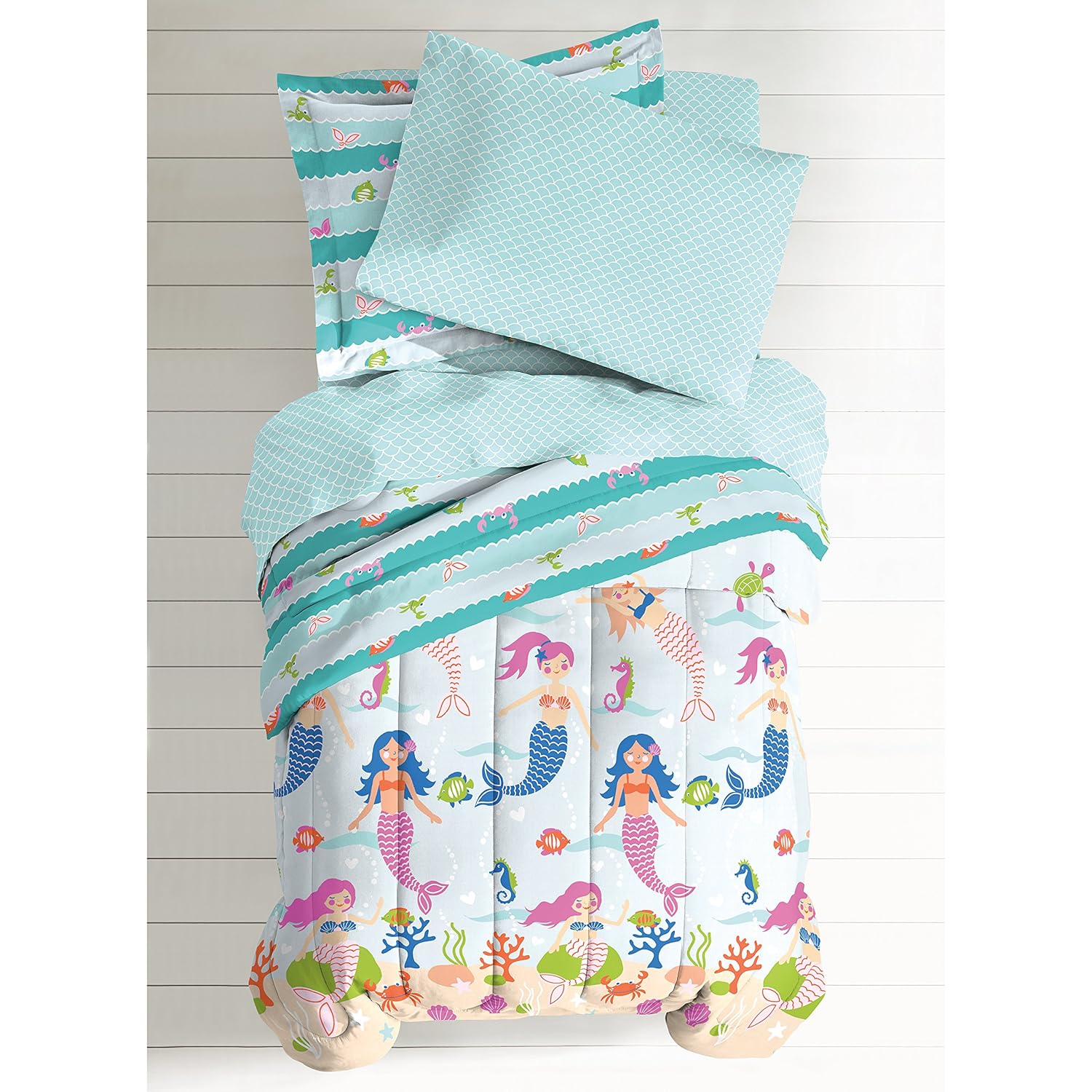 Free Shipping 5 Piece Kids Girls Teal Blue Pink Mermaid Comforter