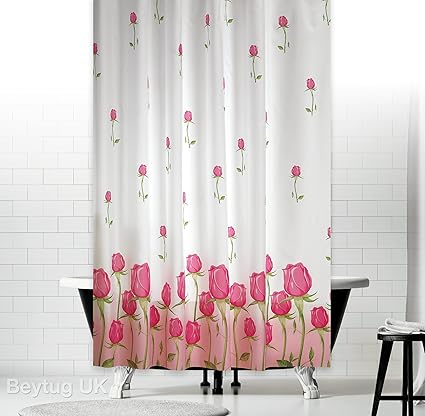 Extra Wide And Long Fabric Shower Curtain With Floral Patterns