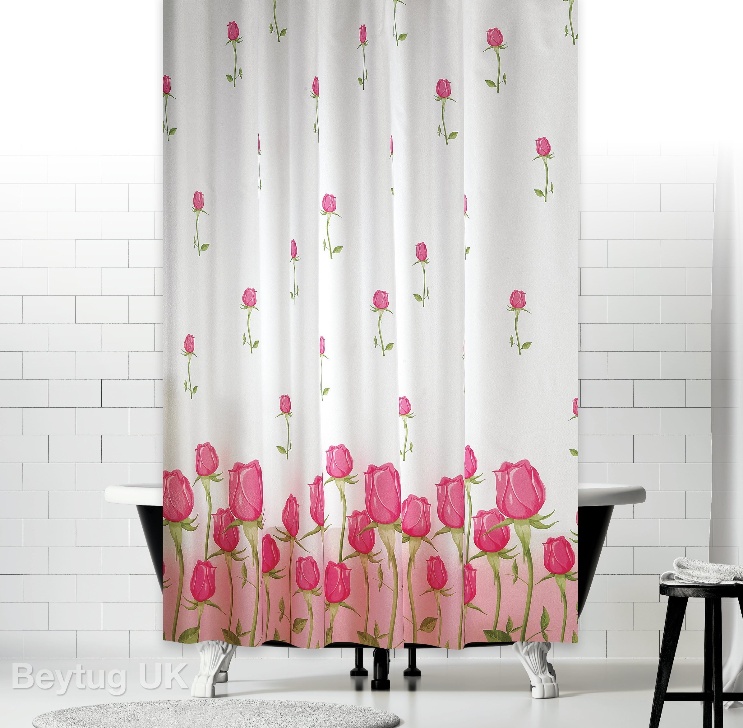 Extra Wide and Long Fabric Shower Curtain with Floral Patterns, Wide 240 Drop 200cm (Rose)