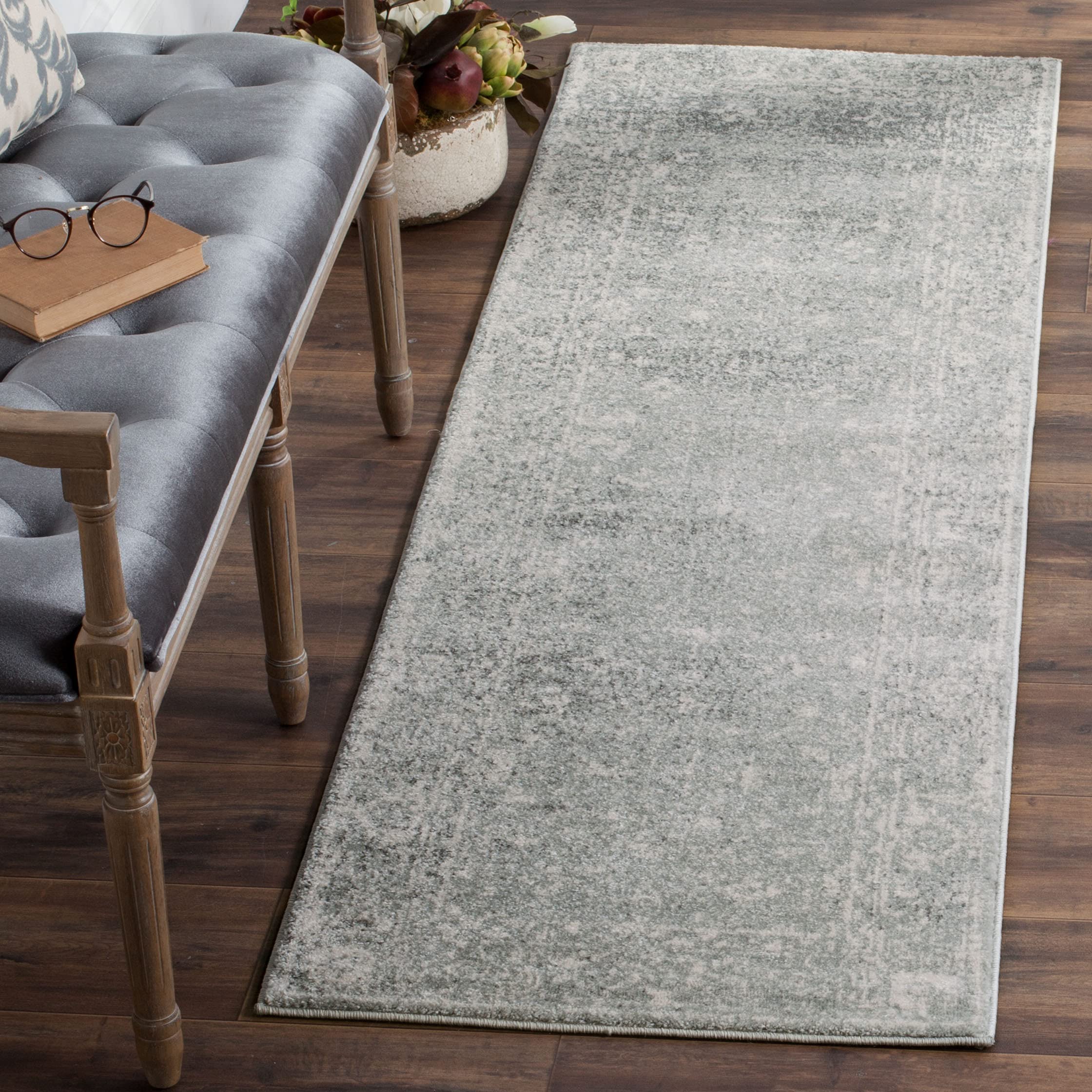 SAFAVIEH Evoke Collection 2'2" x 11' Silver / Ivory EVK270Z Shabby Chic Distressed Non-Shedding Living Room Bedroom Runner Rug Image
