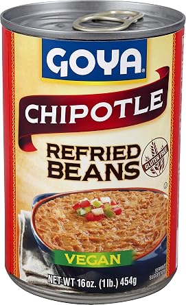 Goya refined pinto beans with chipotle cooked pinto beans, Water salt, chipotle peppers, sugar, onion Powder, vinegar. (041331029025)