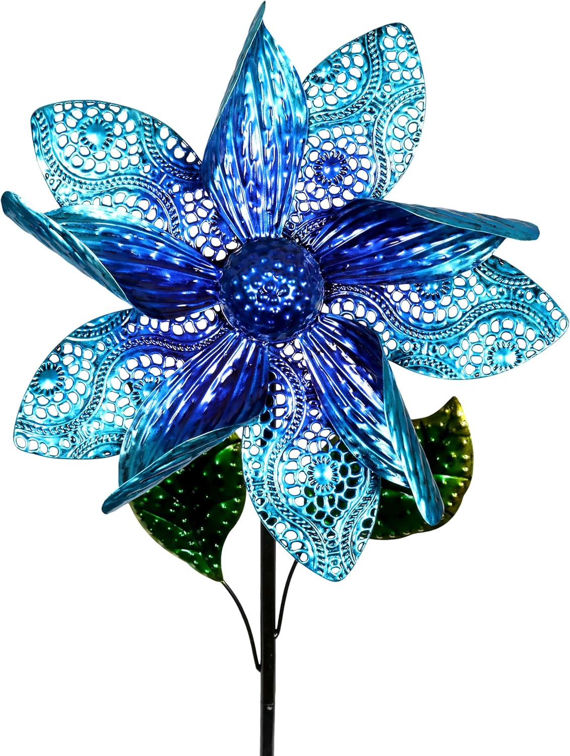 Exhart Dual Layer Blue Flower Wind Spinner Garden Stake Spinning Metal Flower