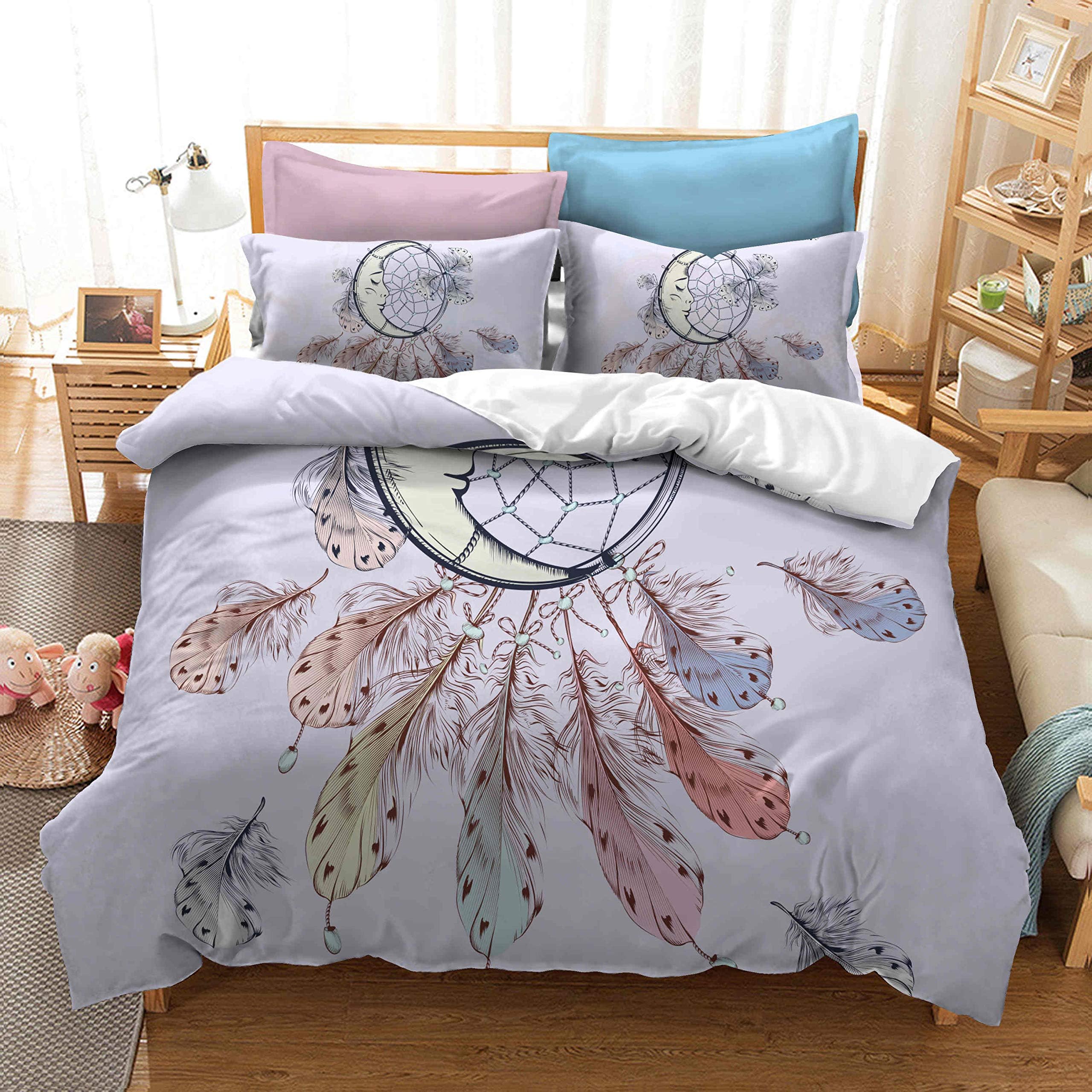 starfarm Tribal Dream Catcher Bedding Set,Boho Moon Duvet Cover Moon Dreamcatcher Quilt Cover,3pc Queen Size Bedding